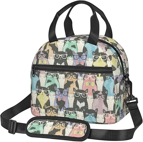 Juoritu Hipster Cute Cats - Lonchera aislada con correas, lonchera para mujeres y hombres, bolsa impermeable para oficina y viajes
