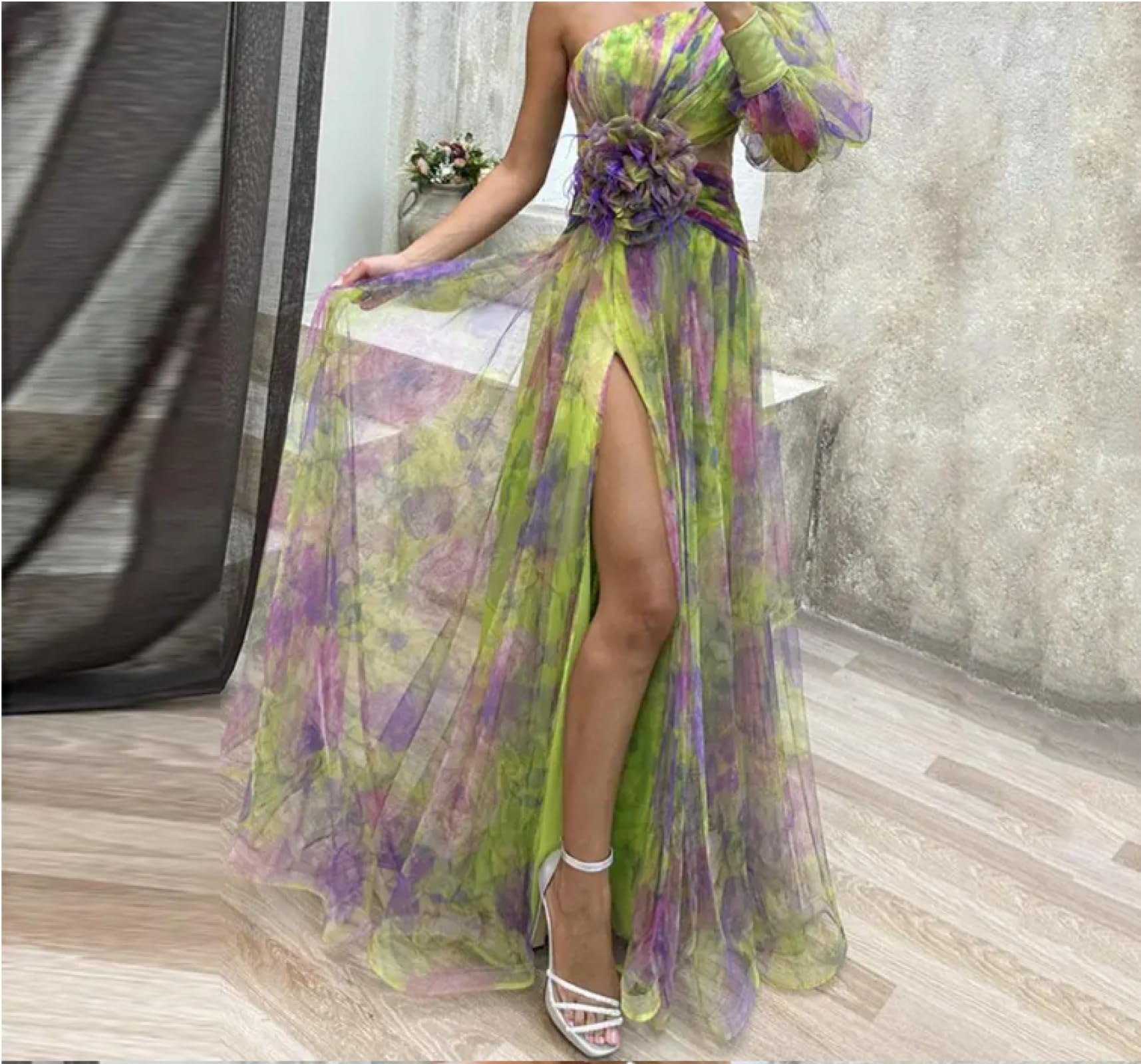 Vestidos Vestir Niña De Noche para Mujer Vestido De Baile con Dobladillo Dividido Y Malla Rosa con Estampado De Flores Tie-Dye En Capas Y Un Hombro