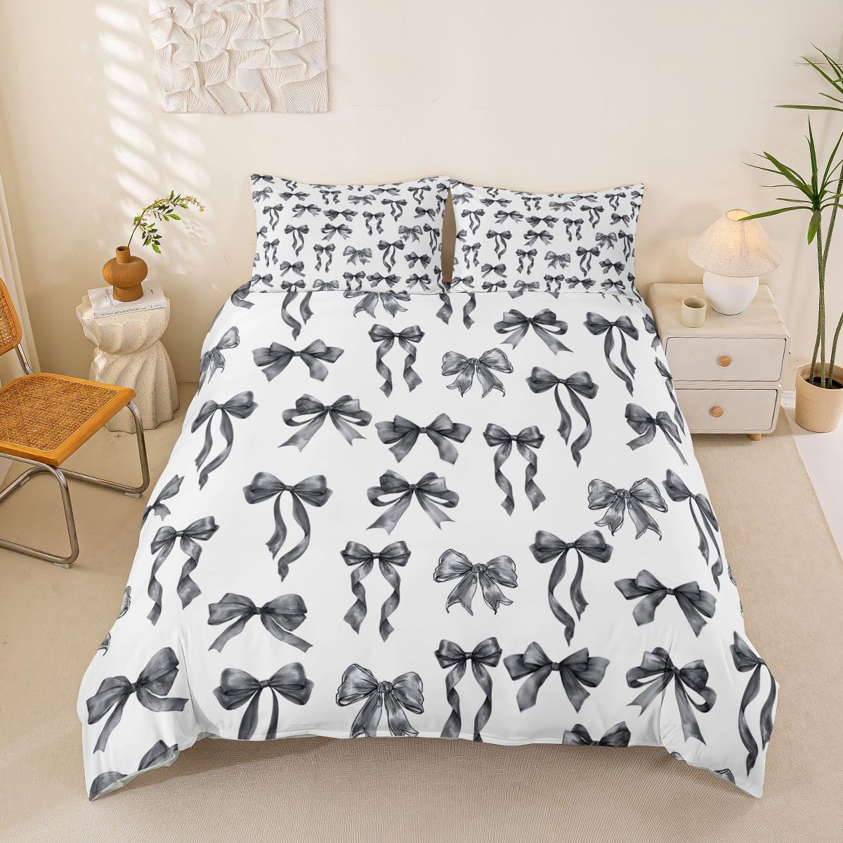 Homewish Urocza kokarda król pościel czarna poszewka na kołdrę zestaw kawaii wstążka kokardka poszewka na kołdrę dla dzieci dziewcząt nastolatek kobiet, akwarela kokardki preppy zestawy łóżek