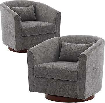Lakifun Swivel Accent Barrel Chairs Set of 2, Comfy Chenille Upholstered Single Sofa Arm Chair with Lumbar Pillow, 360 Degree Swivel Club Chair for Living Room Bedroom Nursery Gray