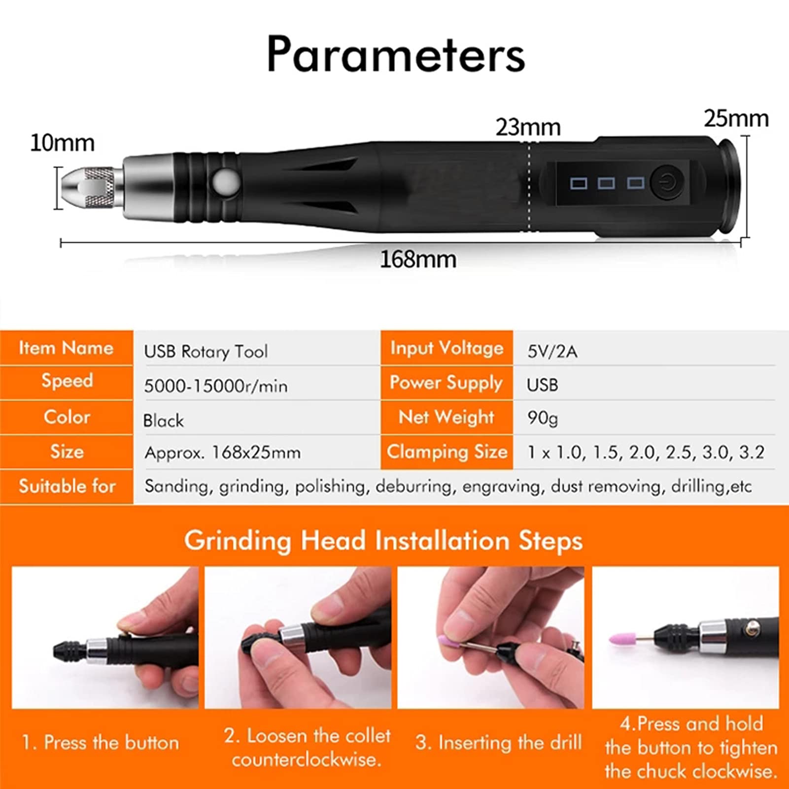 Mini Smerigliatrice Elettrica USB 3 Velocità Multifunzione Nero Modern Minimalist Kit con 9 Teste di Molatura e Accessori