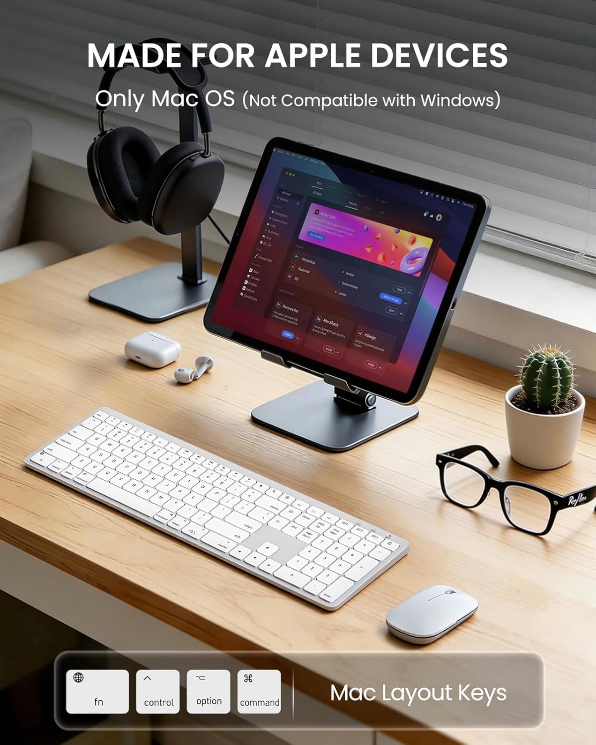 sablute bluetooth keyboard and mouse for mac — 7-color backlit, multi-device, rechargeable, full-size wireless keyboard mouse combo with quiet scissor-switch keys & tilt legs for mac (silver white)