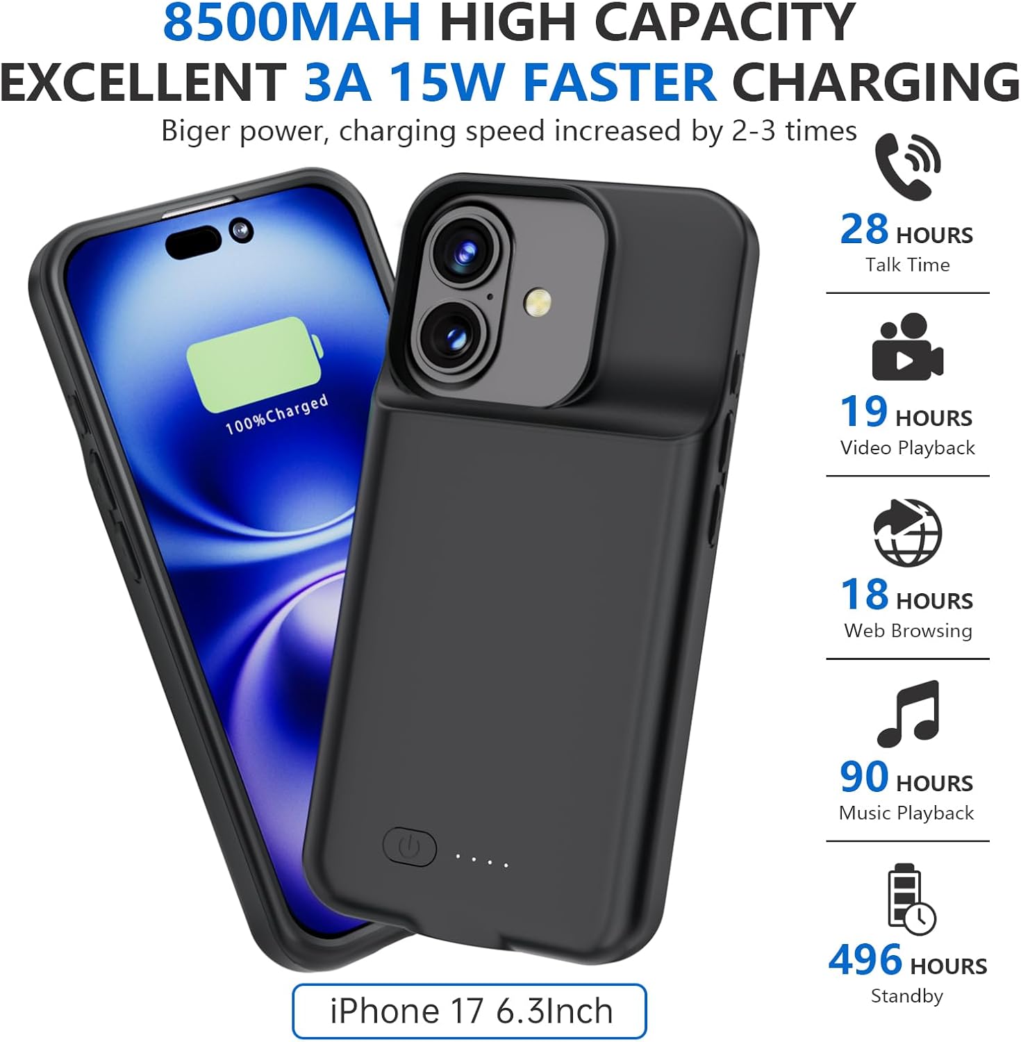 BOPPS for iPhone 17 Battery Case with Screen Protector & Cable，【Fit Carplay】 Slim 8500mAh Portable Strong Protective Extended Charger Cover for iPhone 17 Charging Case，Black