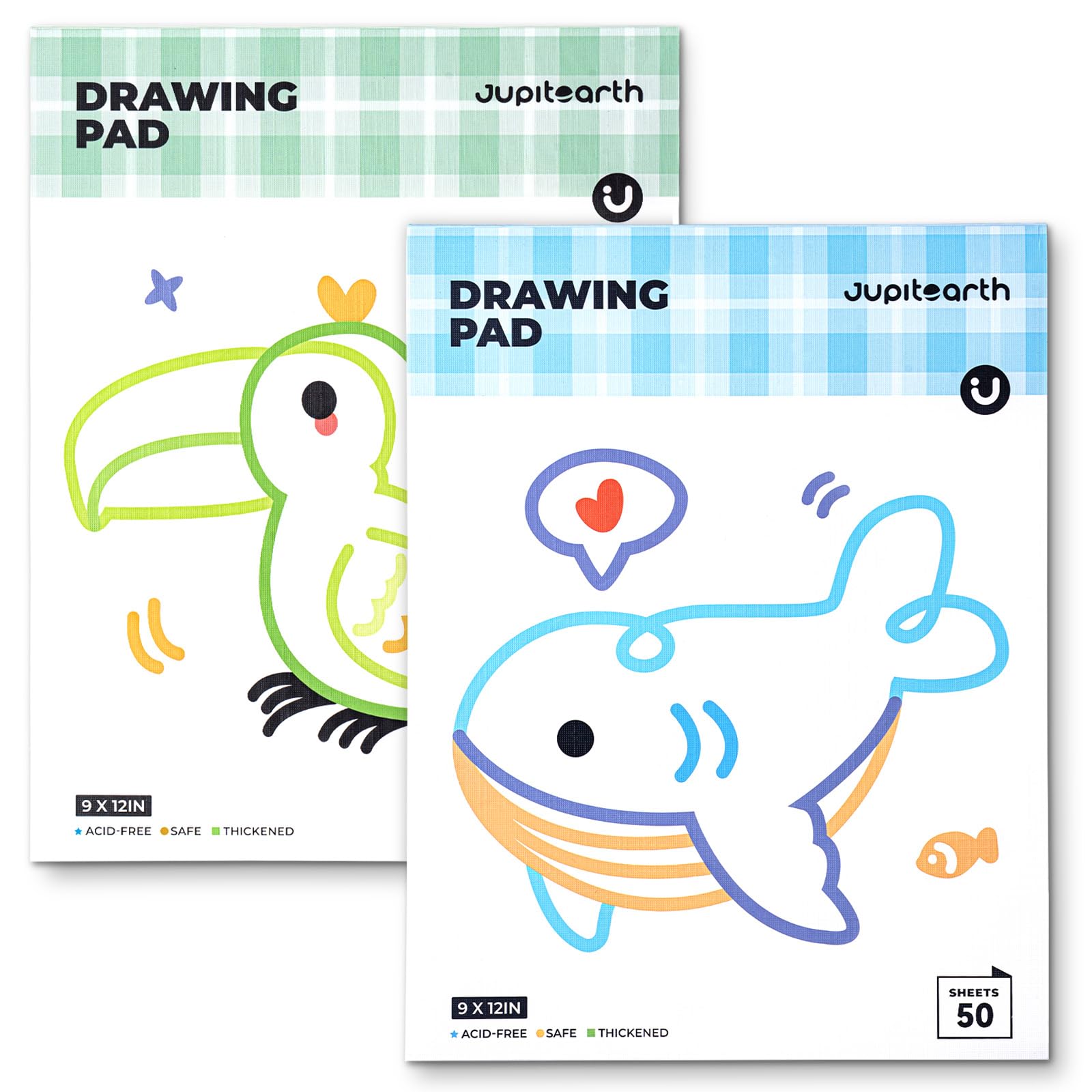 JUPITEARTH Sketch Pads, 2-Pack 50 Sheets 9x12 Inch Drawing Pad, Acid-Free Thickened Glue-Bound Sketchbook, Art Supplies, Drawing Paper for Coloring Painting for School