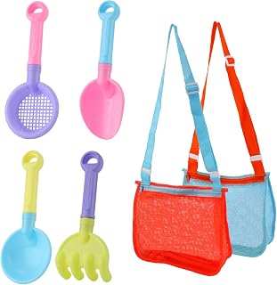 4pcs Plastic Beach Shovel 2pcs Mesh Sand Bag, Colorful Sand Shovel Toys, Plastic Spade Shovel Sand Scooper Toy with Adjustable Mesh Bench Bag for Kids Toddlers Garden Yard