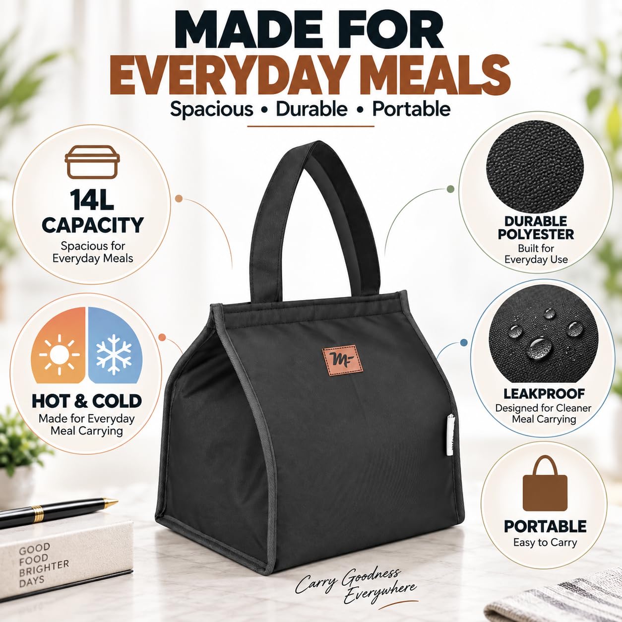 Large Insulated Lunch Bag - Hot & Cold Food Carrier -5