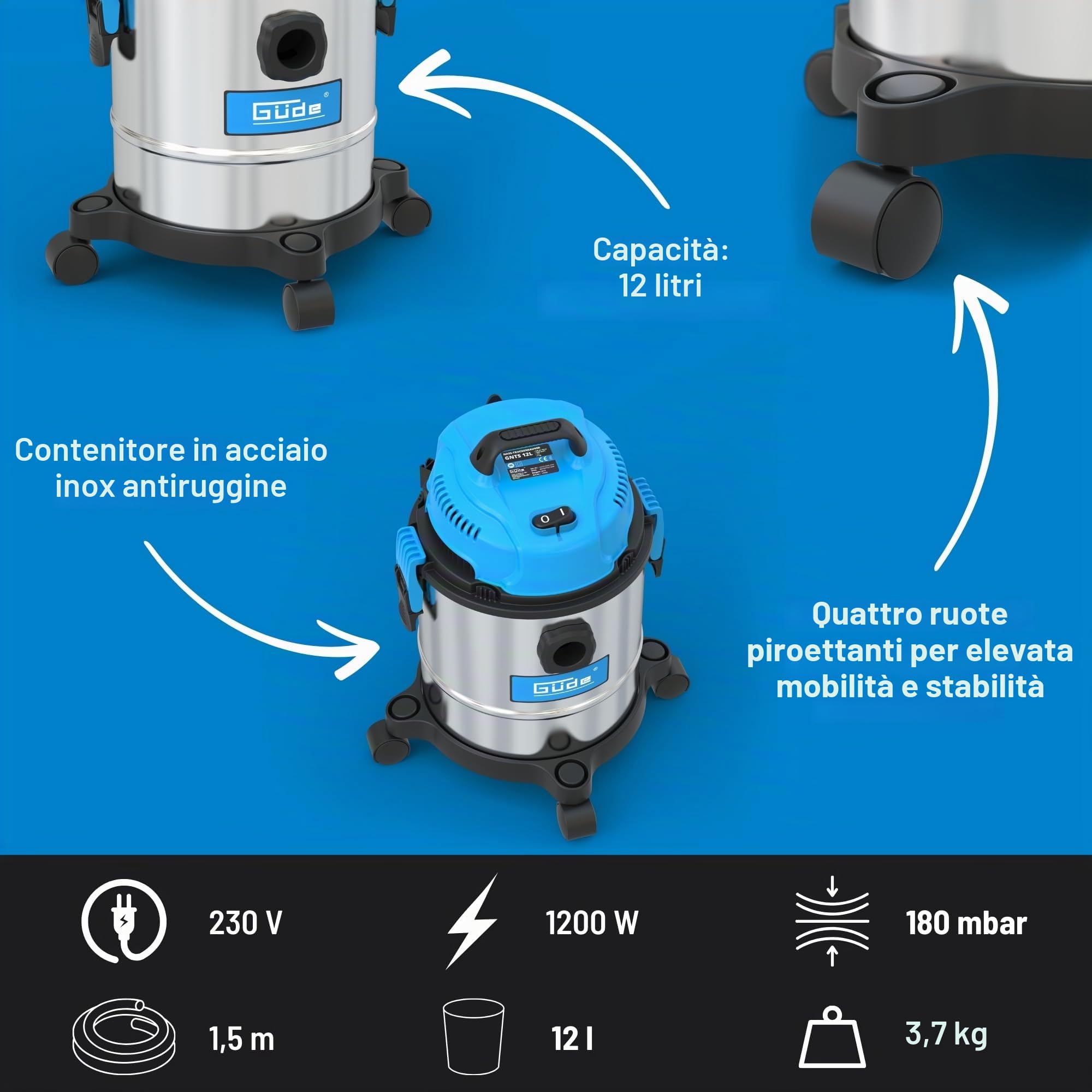 Güde Borsa L 17000, aspiratore asciutto GNTS 12 l, blu, argento, nero, 1200 W, 80 decibel, 28 x 29 cm