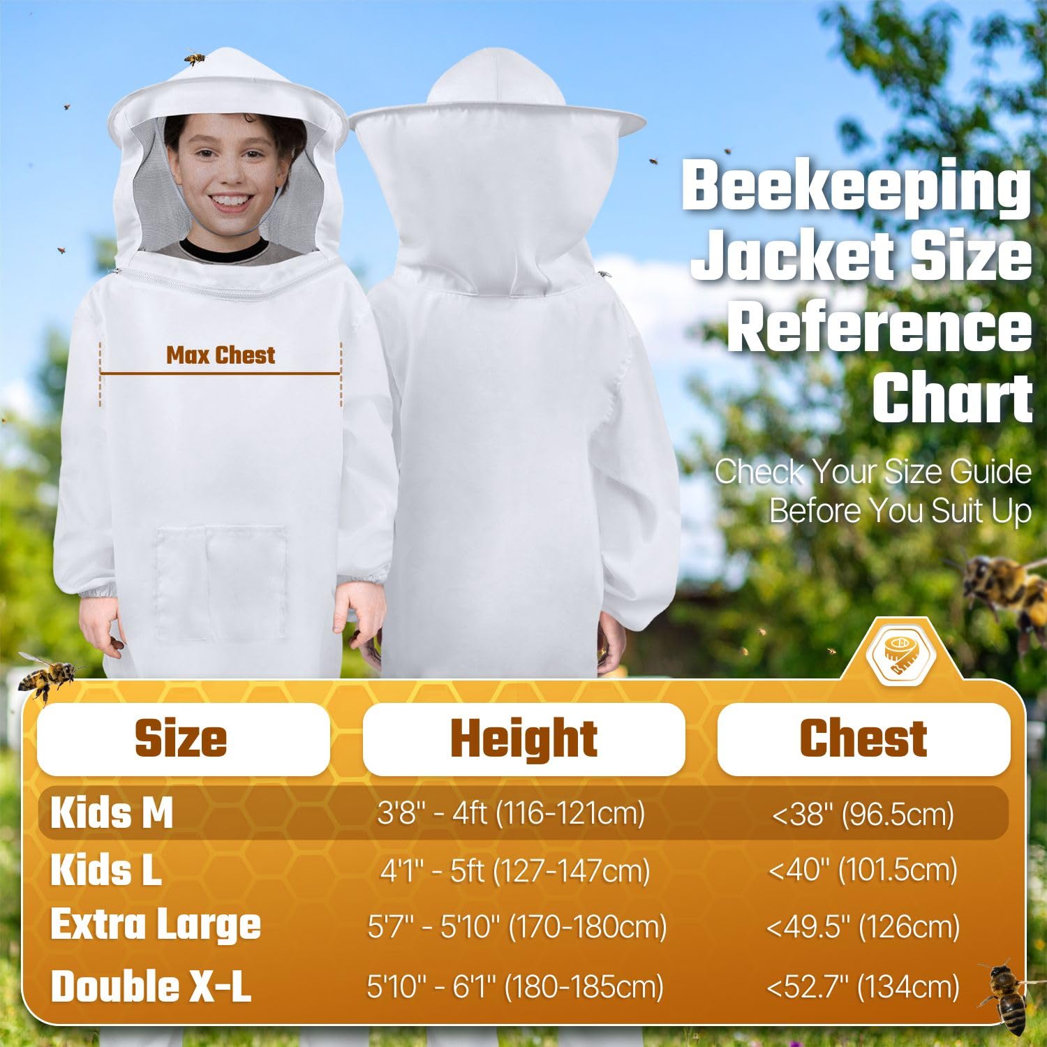 Flexzion Kids Beekeeping Suit Jacket with Veil Hood, White, Kids Medium