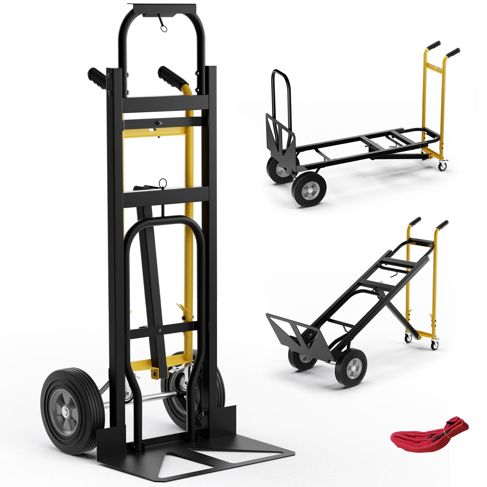 COSTWAY 3 en 1 Carretilla de Mano Plegable, Carretilla de Transporte Convertible con 4 Ruedas de Goma, Cuerda de sujeción, Carretilla de Carga Industrial con Plataforma Plegable, Carga 450 kg (Negro)