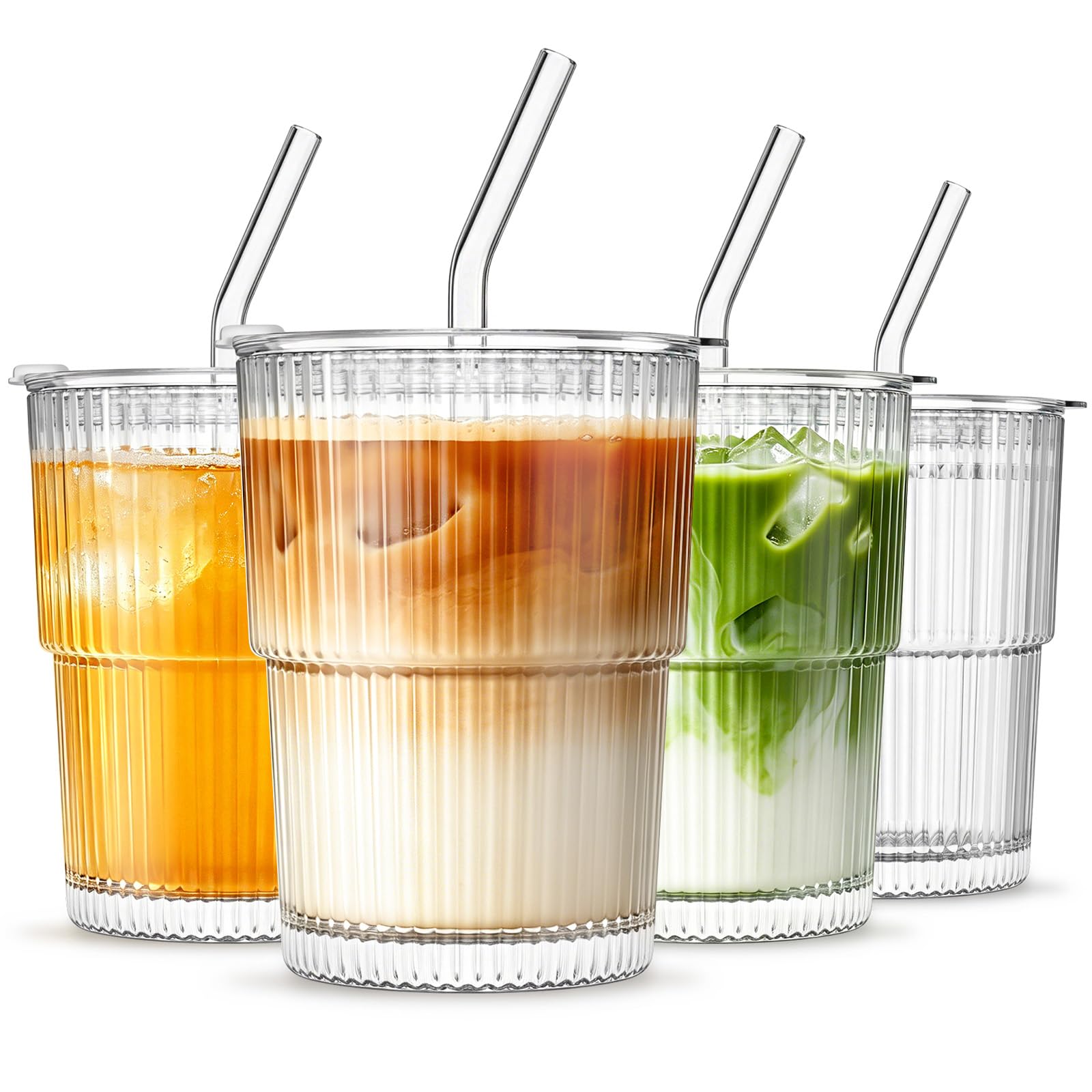 13oz Glass Tumbler with Lid and Straw 4 Pack - Ribbed Glass Cup Iced Coffee Glasses, Clea…