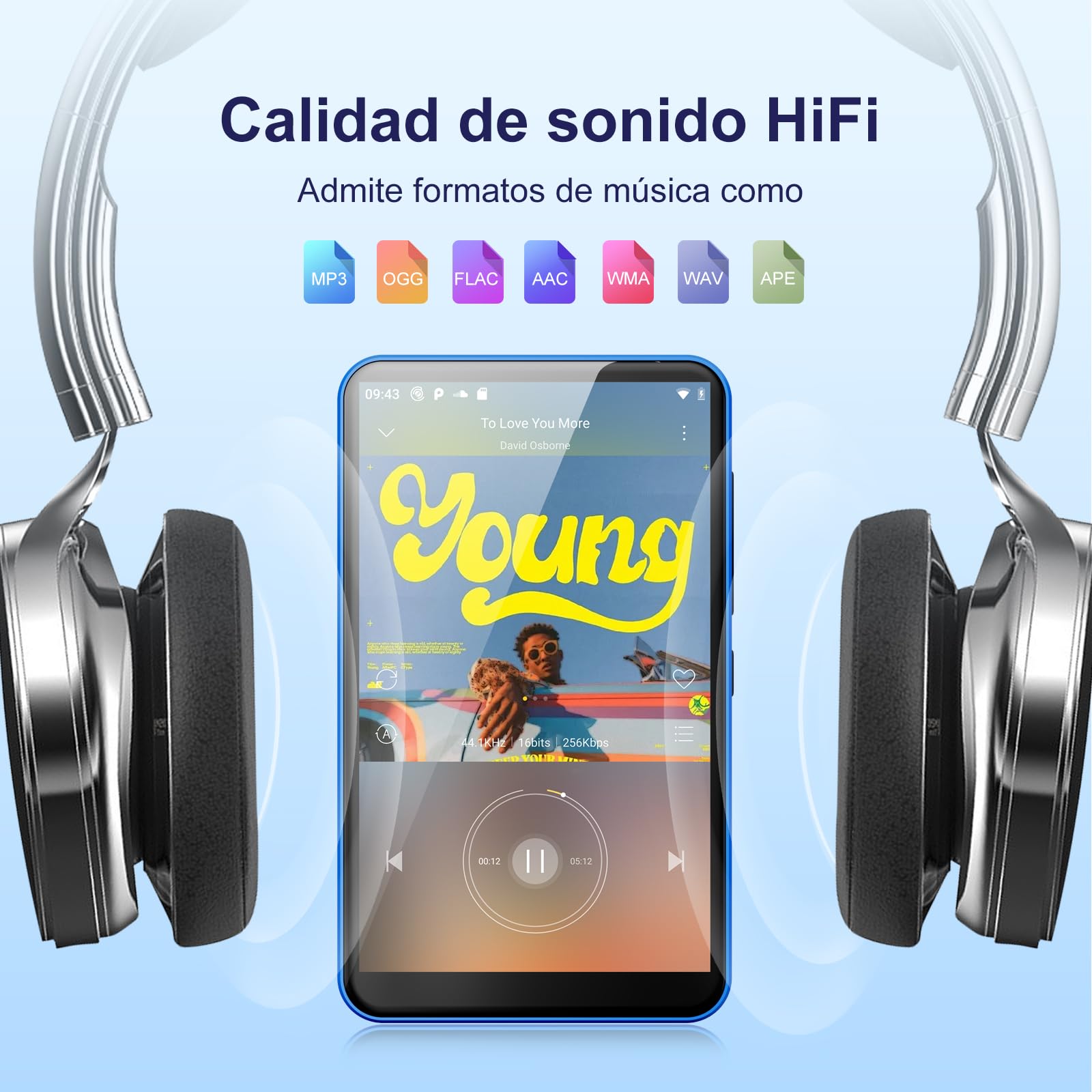80GB Reproductor MP3 con WiFi Bluetooth, Pantalla IPS táctil 4" | Reproductor de música para niños, Reproductor MP4 Android con Spotify, Audible, Deezer, Externo hasta 512GB, Blue