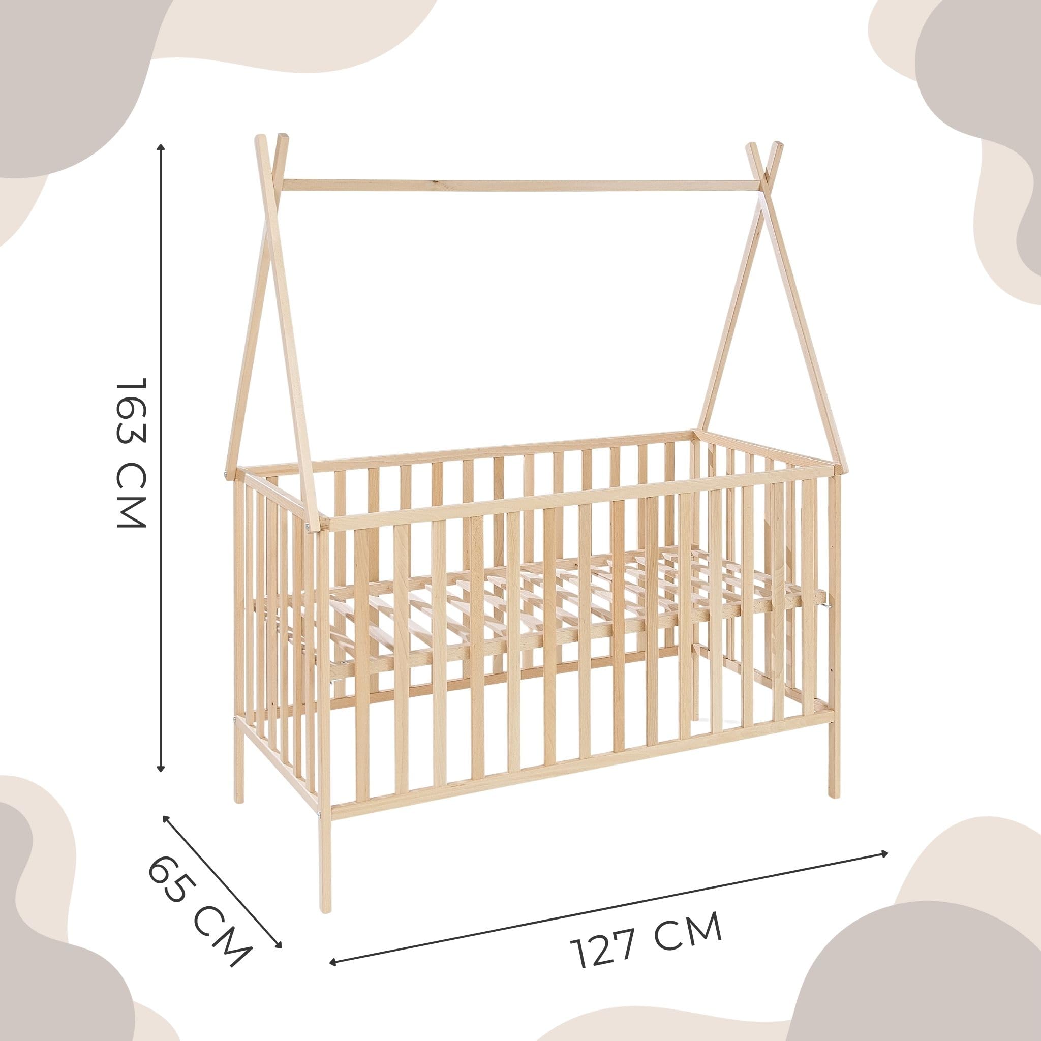 ATB - Lit Bébé Evolutif 120x60 - Convertible Bois Naturel - Design Enfant - Tipi - 60x120 Dimension - Lits pour Chambre Enfant - Mobilier
