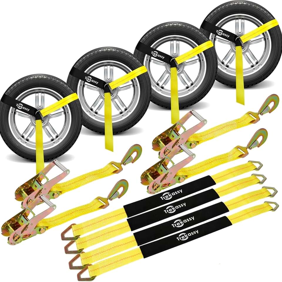 Trekassy 2in x 8ft Car Tie Down Straps for Trailers Heavy Duty, 10000lbs Break Strength, 4 Pack Steel Ratchet, 4 Adjustable Car Hauler Straps, 4 Axle Straps