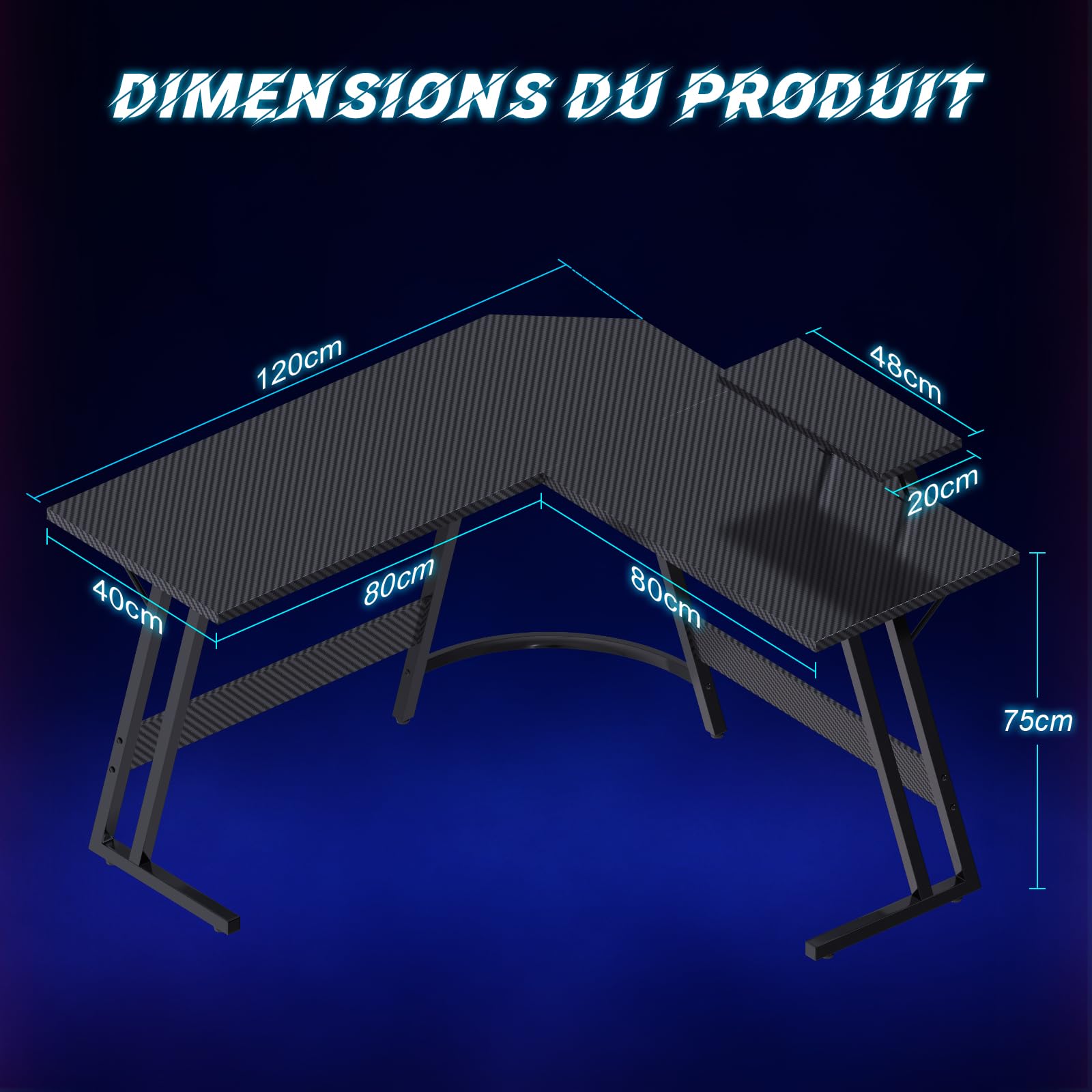 JUMMICO Bureau Gaming en L 120x120cm - Bureau d'angle avec Support Écran Réversible - Polyvalent (Jeu/Travail/Étude) - Stabilité Maximale & Nettoyage Facil - Revêtement Carbone - Noir