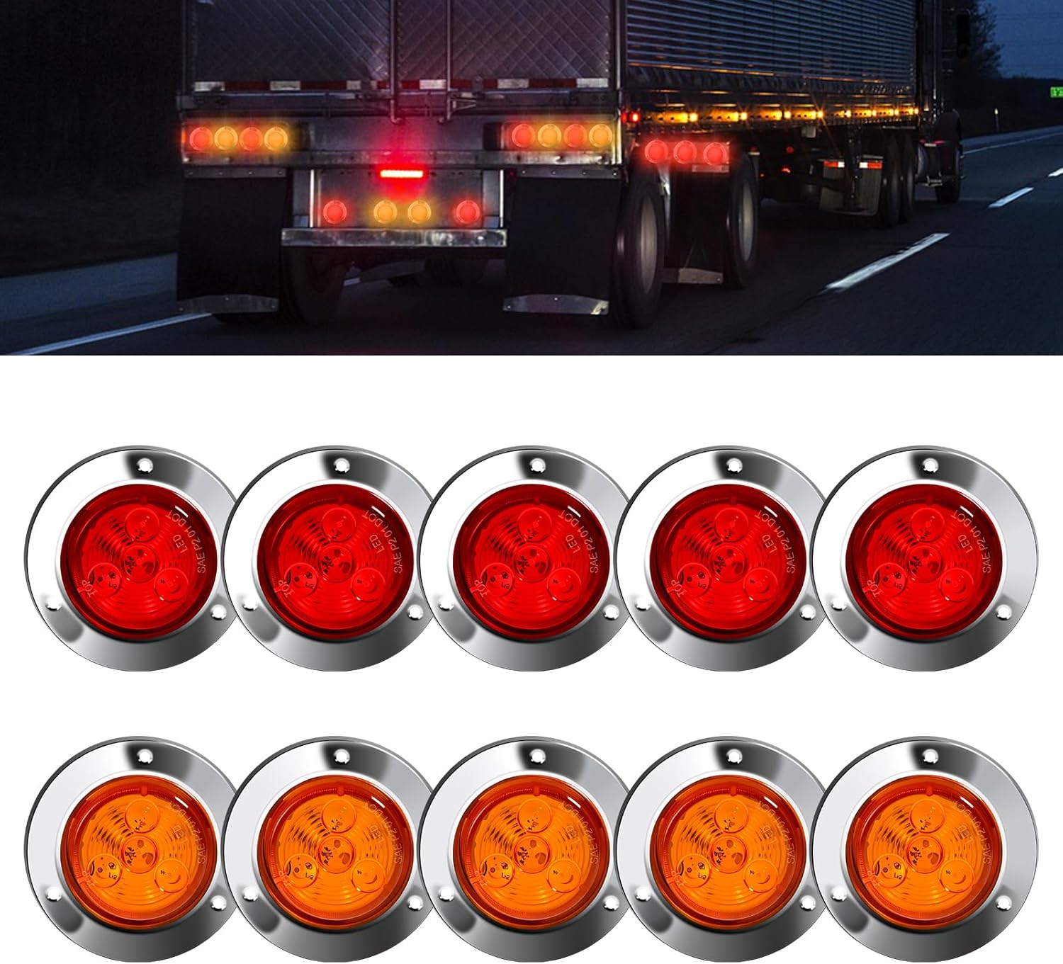 10-Pack (5 Amber + 5 Red) 2" 4 LED Round Trailer Side Marker Lights, Stainless Steel Grommet, DOT Approved, Sealed Flush Mount, IP67 Waterproof, 12V for Truck RV Camper