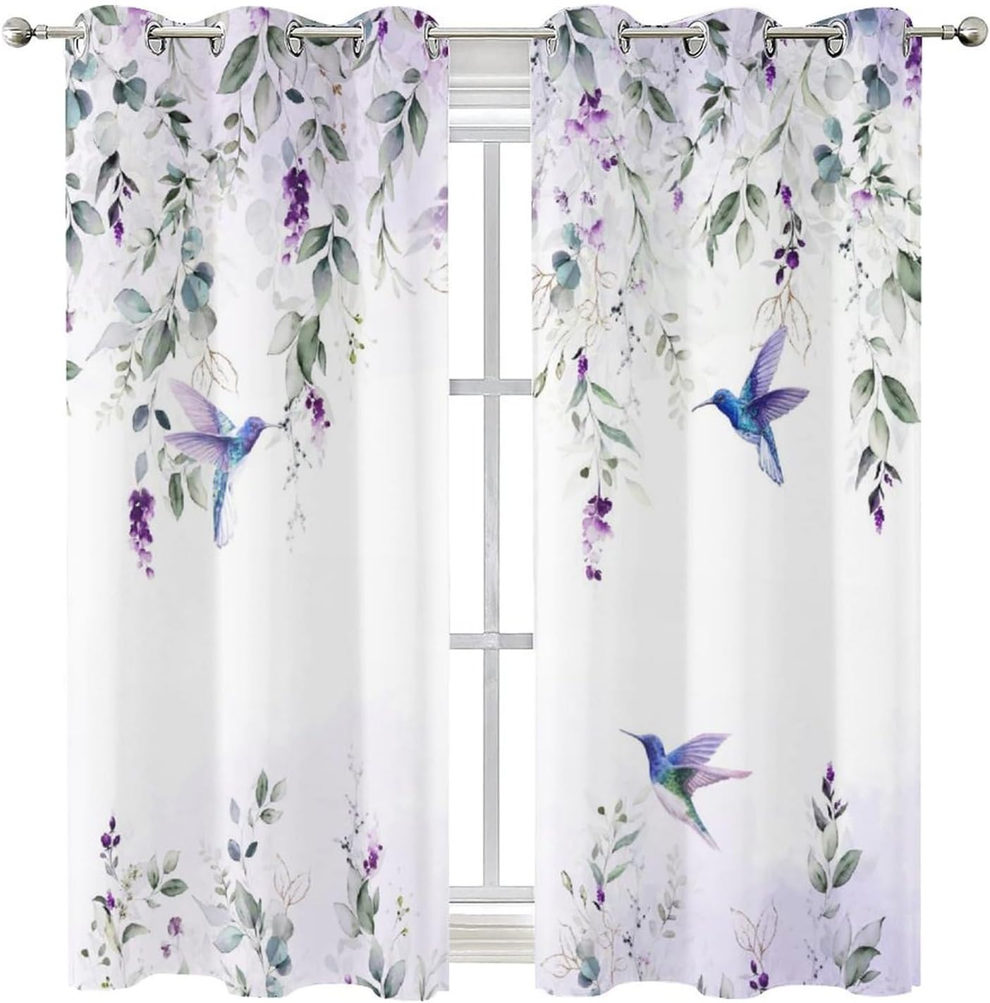 Beautiful Eucalyptus Leaves Hummingbird Blackout Curtains for Living Room,Rustic Watercolor Purple Eucalyptus Floral Hummingbird Grommet Thermal Insulated Room Darkening Curtains 45L x 21W,2 Panels