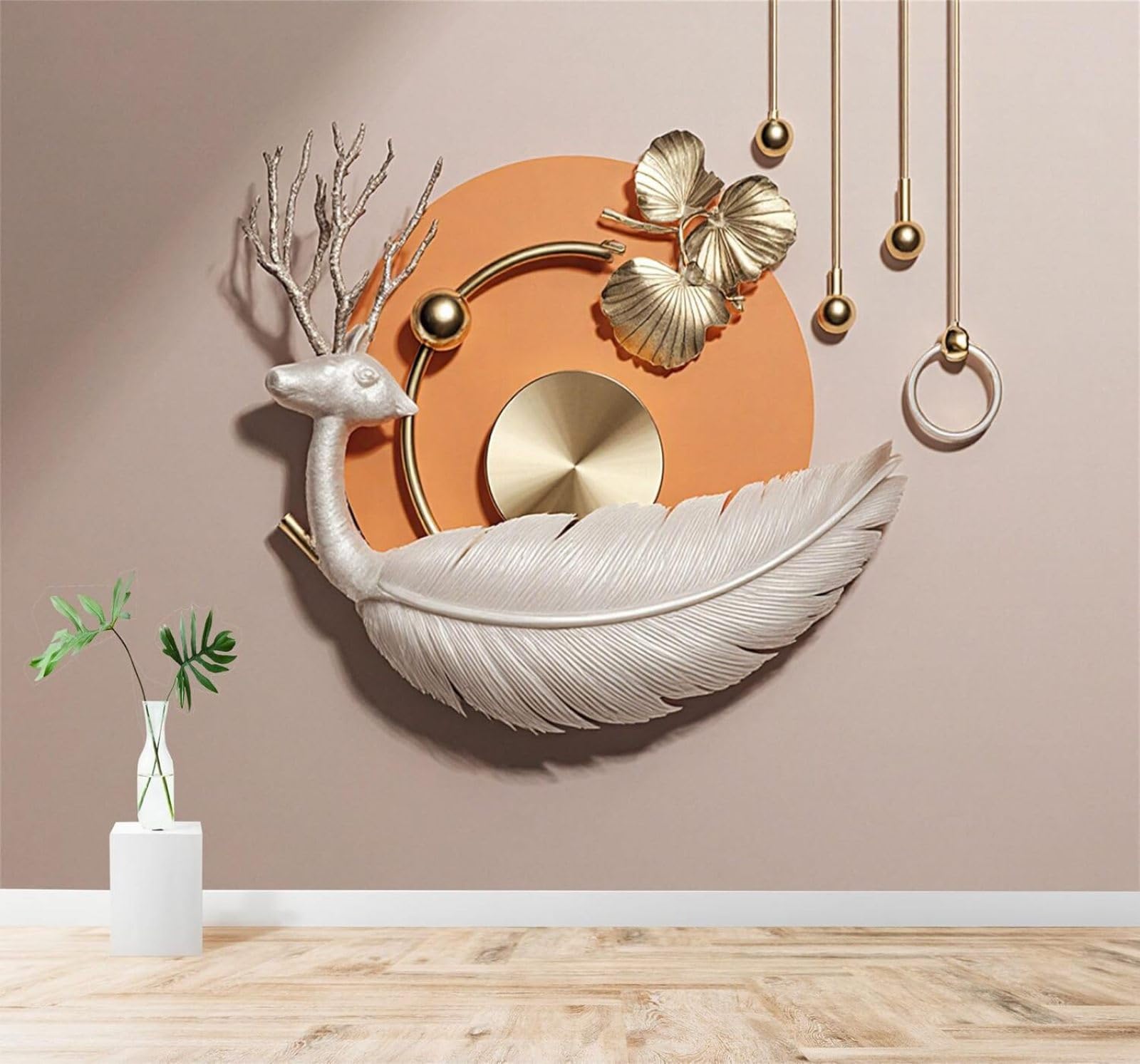 XLMING Abstract Deer Feathers Gold Leaves Art 3D Wallpaper Silky Texture Home Study Office Grey Dining Room Sofa Bedroom Living Room TV Backdrop-350cm×256cm