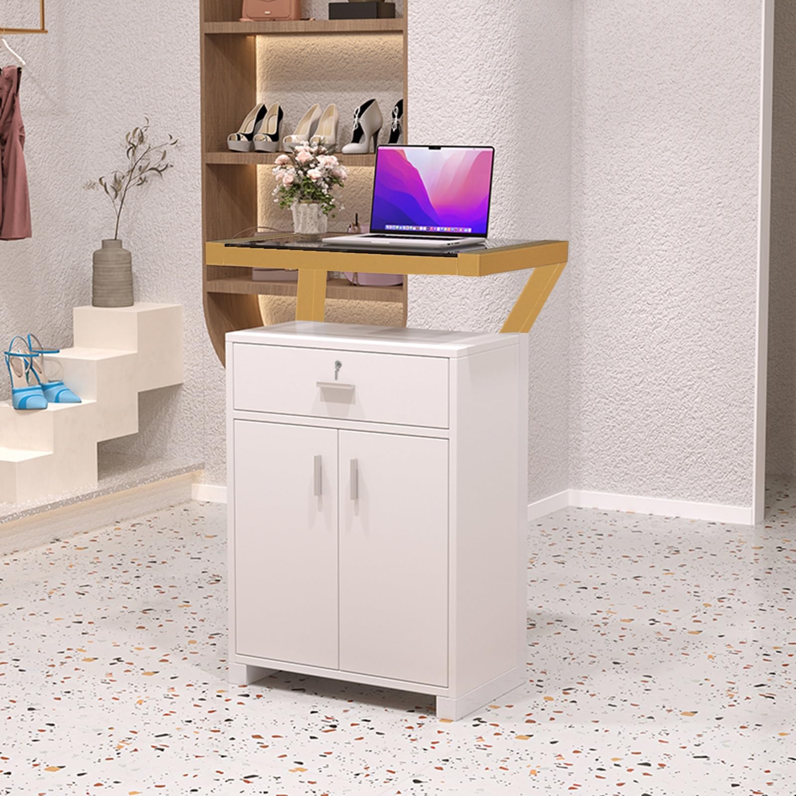 Generico Bancone Curvo per la Vendita al Dettaglio con cassetto chiudibile a Chiave, bancone espositivo per Casse, Reception e Stand per mostre, per Negozi di Bubble Tea