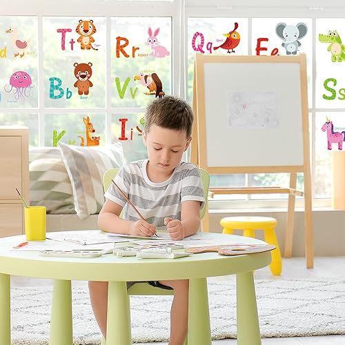 Miniatura 5 de Whaline 9 hojas de letras del alfabeto para ventana, diseño de animales de dibujos animados, ABC, calcomanías de doble cara con letras coloridas