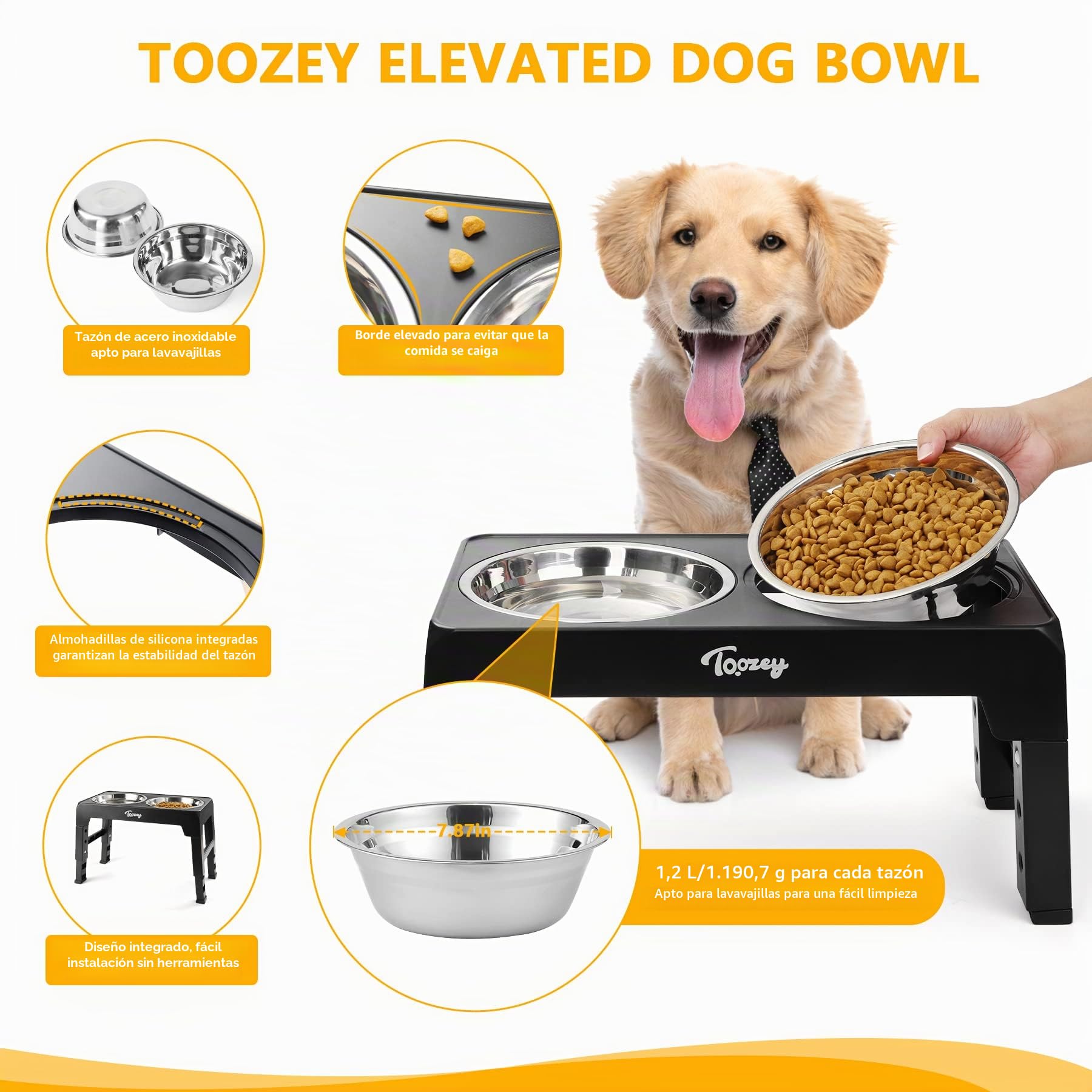 Toozey Comedero Elevado Perro con Tazones de Acero Inoxidable Dobles de 1,2 L de 4 Altura Ajustable para Alimentador de Agua y Comida para Mascotas y Gatos, Negro