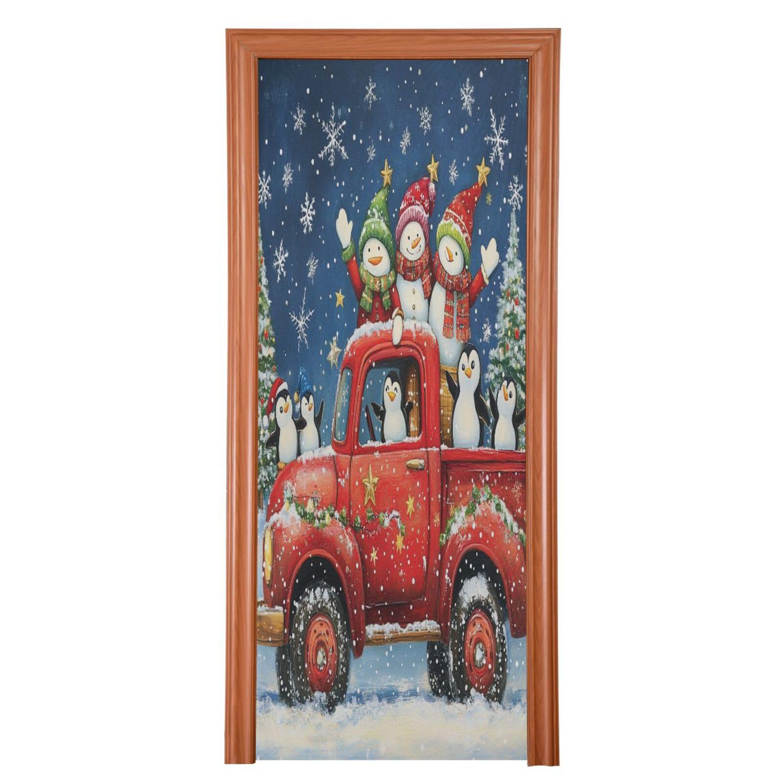 J JOYSAY Christmas Snowman Penguins Truck Door Decorations Door Cover Christmas Front Door Decor Christmas Decorations Door Decor for House Decor,35x79 in