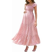 Pinup Fashion Maternity Baby Shower Dress Photoshoot Pregnancy Maxi Dress | Smocked top, breathable soft fabric, flutter cap sleeves, tiered A-line skirt, spring summer casual wear,postpartum