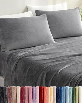 Fleece Sheets Queen Size Set - 4-Piece Velvet Flannel Sheet Set - Dark Grey | Super Soft Fleece Bedding, 1 Flat & 1 Fitted and 2 Pillowcases, Cozy Warm, Comfy & Plush, Deep Pockets, Fuzzy & Anti-Static