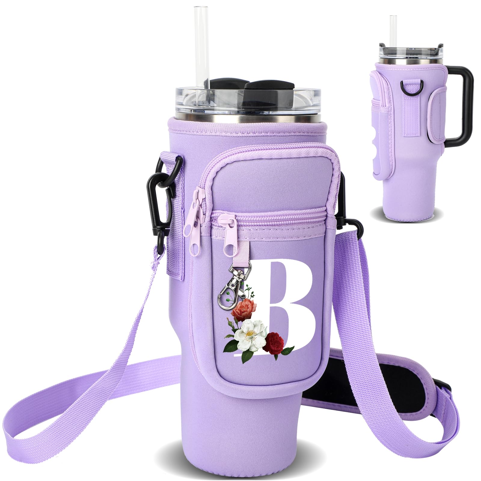 Water Bottle Carrier Bag with Strap Pouch for Stanley 40 oz Tumbler Cup Accessories, Neoprene Water Bottle Holder Phone Pocket Personalized Initial A-Z Flower Design Mother's Day Gift (B, Purple)