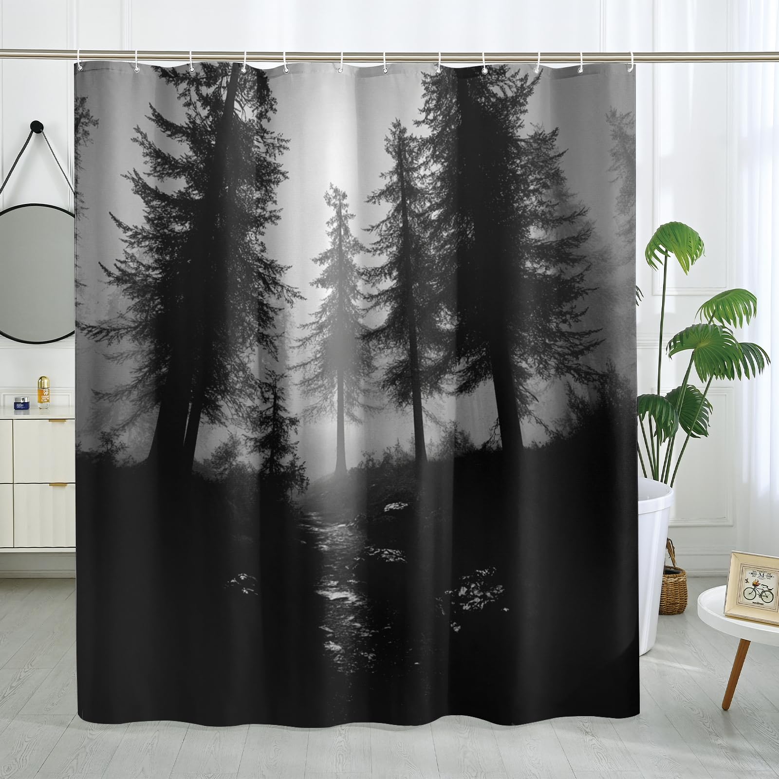 Ensemble de rideau de douche blanc et noir, rideau de douche arbre naturel, accessoires de salle de bain, motif imprimé décoratif, 62 x 72 cm