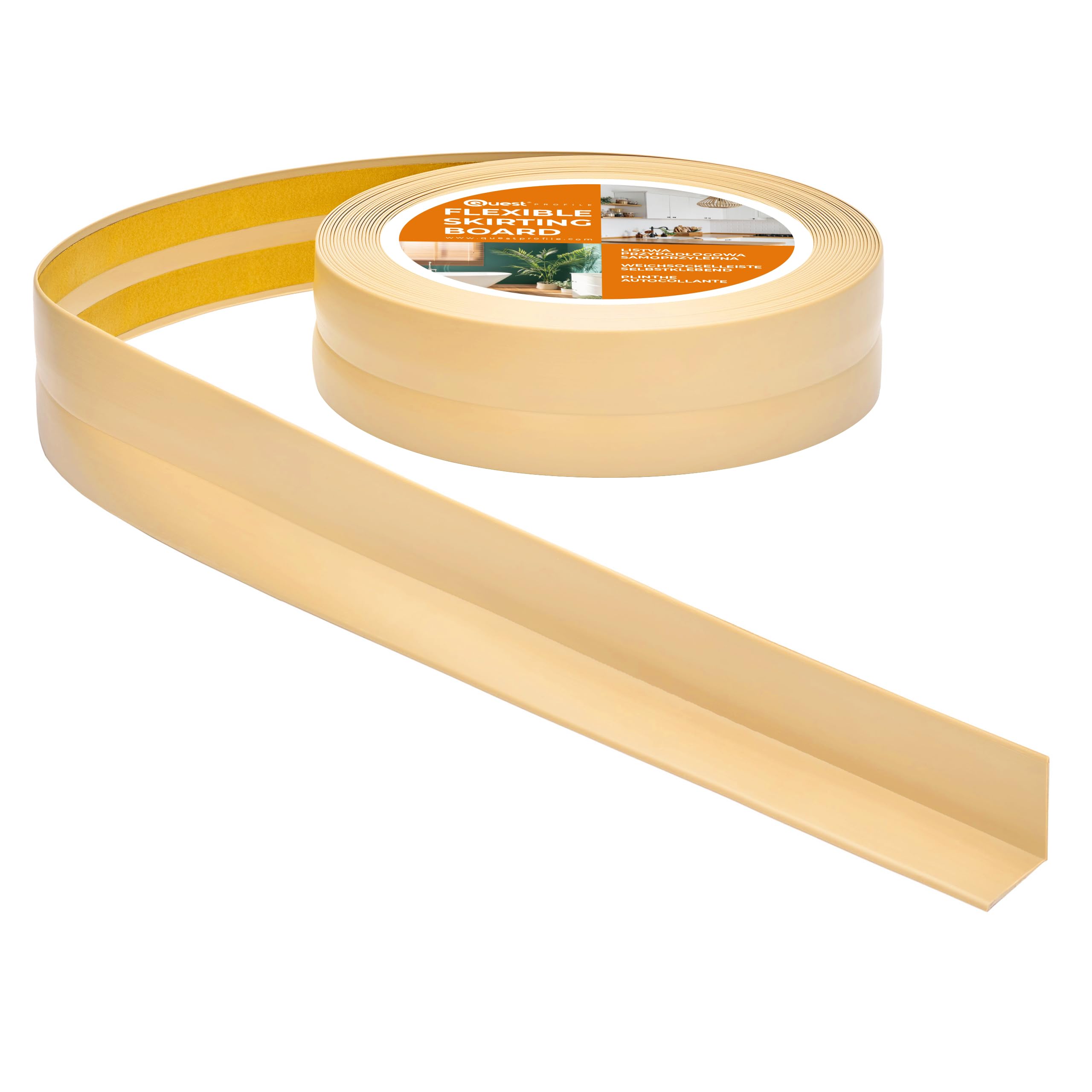 Quest Battiscopa Morbido Adesivo - 30 mm x 30 mm - Finitura Flessibile, Listello in PVC, Profilo Angolare per Cucina, Bagno, Parete, Pavimento - Decorativo, Resistente ai raggi UV (Crema, 25m)