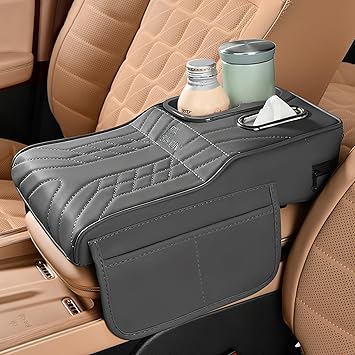 Car Center Console Armrest Pillow, 13.4"7.5"2" Leather Auto Arm Rest Cover with Pocket & Tissue Box & Cup Holder, Multifunctional Vehicle Armrest Cushion Pad, Car Accessories Gray