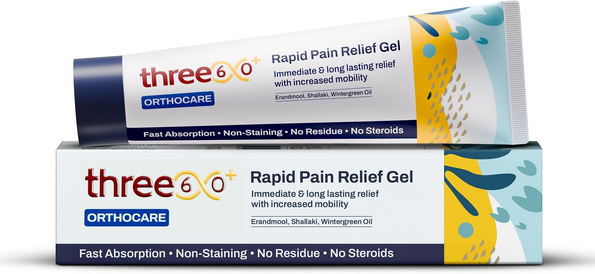 three60+ RAPID PAIN RELIEF Gel | Get Immediate and Long Lasting Relief from Arthritis Pain | Erandmool, Nirgundi, Wintergreen Oil, and Shallaki | Fast-Absorption | Non-Staining | 50g Gel Pack of 1