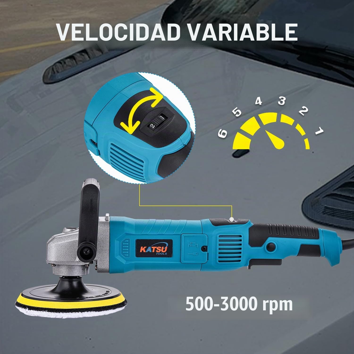 KATSU Tools Pulidora eléctrica coche 1200 W 150 mm – rotativa, 6 velocidades variables, lijadora angular máquina de encerado detailing