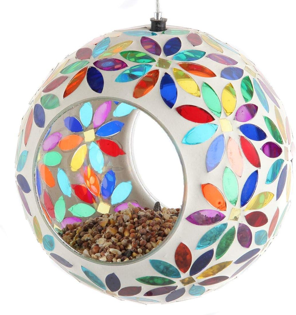 Lily's Home Hanging Outdoor Fly Through Wild Bird Feeder, an Excellent Addition to Any Garden, Mosaic. 5.5 Inches Diameter - Multi Color Flowers