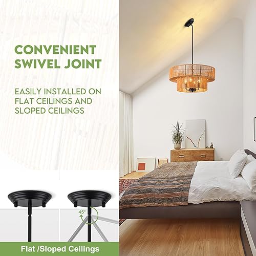 Miniatura 11 de Lámpara de ratán estilo bohemio, lámpara de techo de ratán empotrada, lámpara de techo tejida pequeña de madera, candelabro de ratán