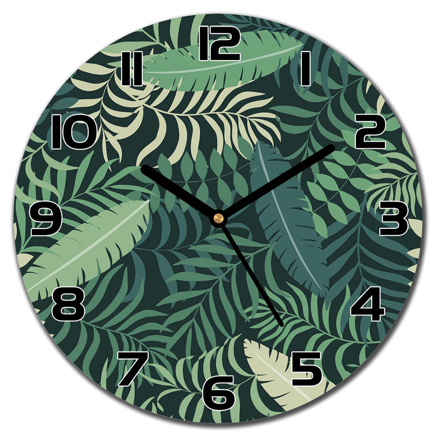 Horloge en verre murale 30 cm motif feuilles de palmier pastel aiguilles noires pour cuisine salon