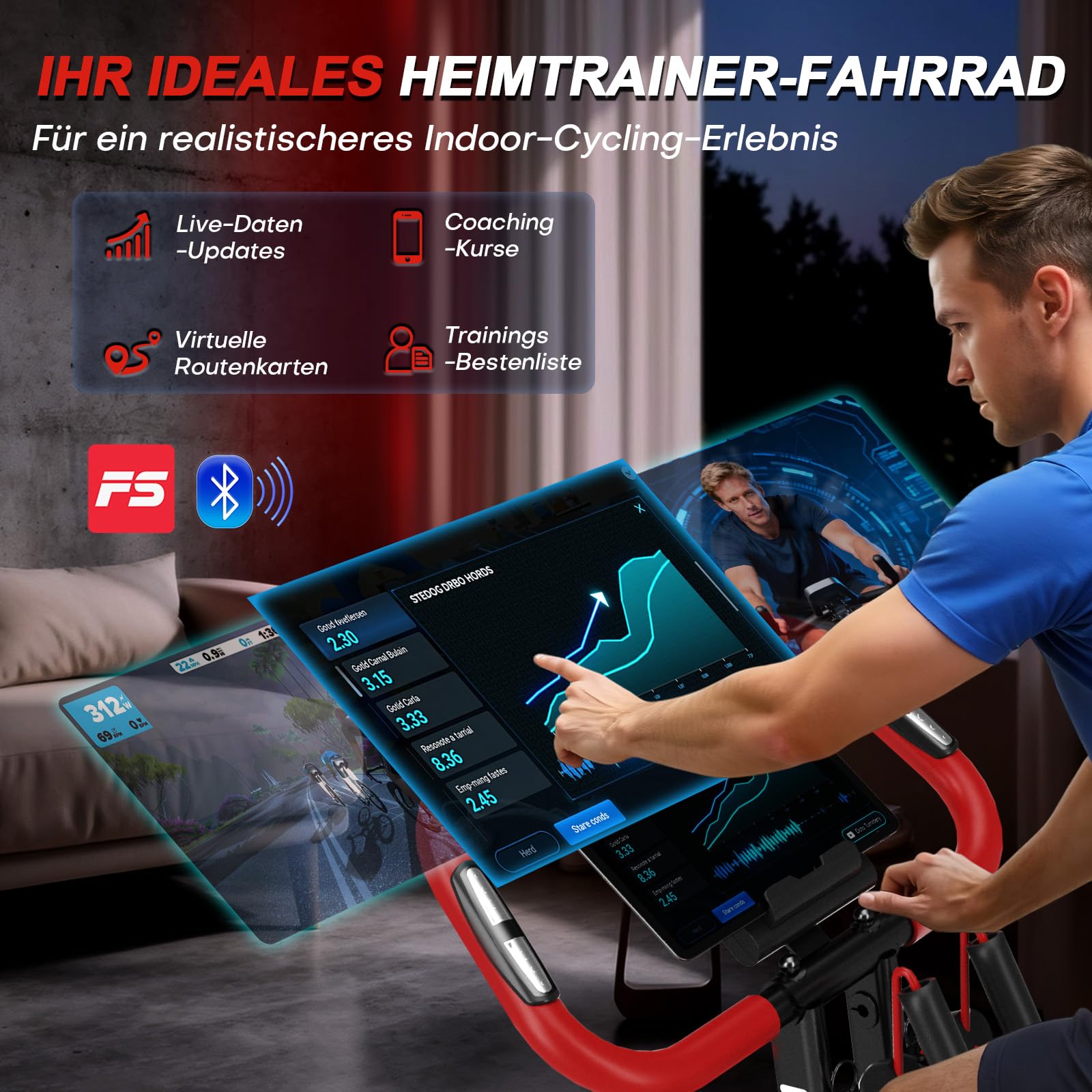 Heimtrainer Fahrrad mit App, Neu Hometrainer Fahrrad mit stabilem Doppeldreieckrahmen, Klappbar Ergometer Heimtrainer mit 10dB extra Leise, Indoor Bike für Kardio-Training zu Hause, Bis 160KG