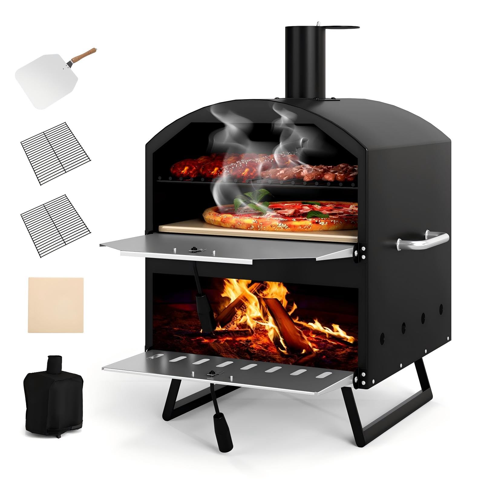 KOMFOTTEU Forno per Pizza da Esterno con 2 Strati, Griglia in Legno Portatile con Copertura Protettiva, Pietra per Pizza, Pala per Pizze, Griglia, Forno per Pizze per BBQ, Campeggio, Festa, Nero