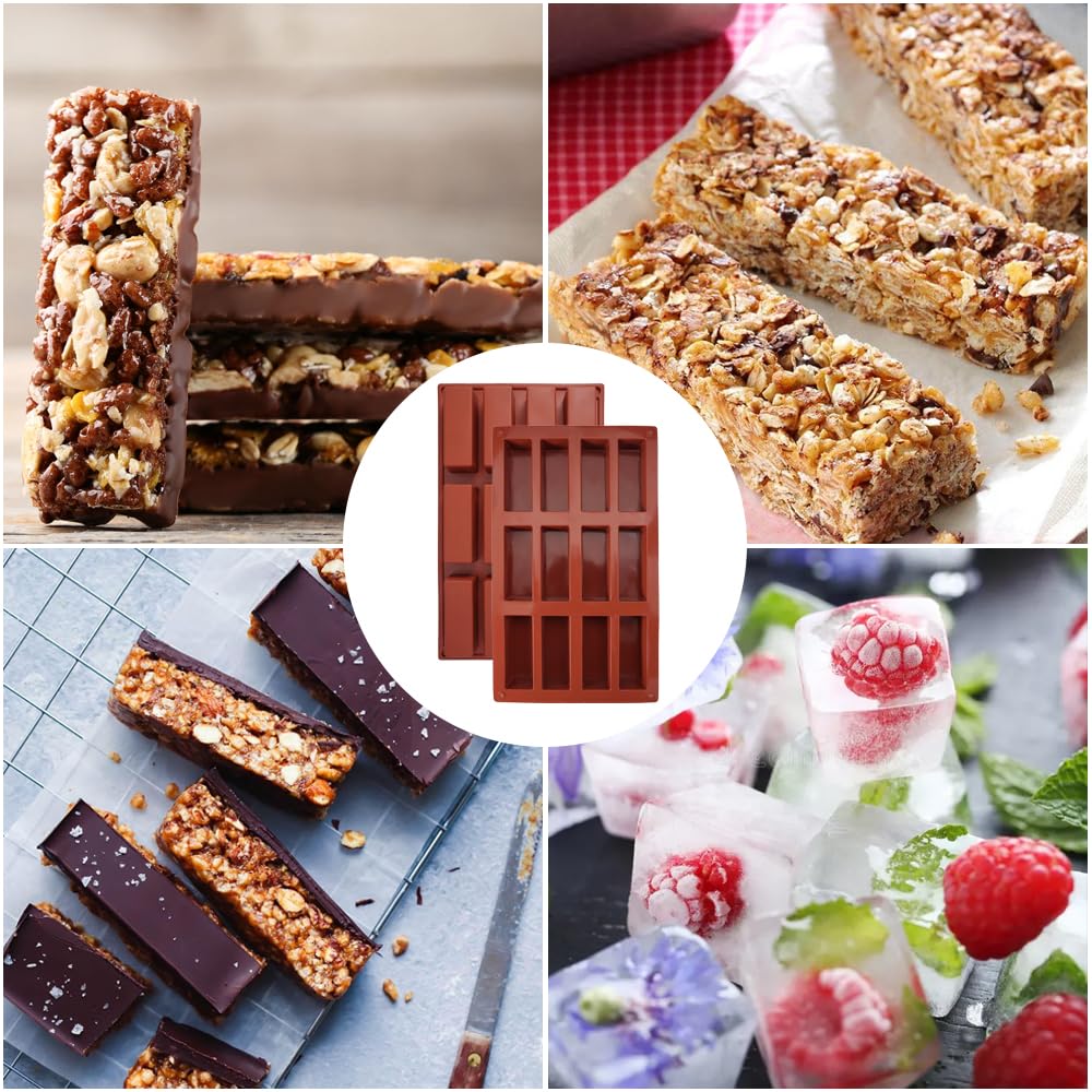 2 Pezzi Stampi Silicone Rettangolari Marroni 12 Cavità Antiaderenti | Forme per Barrette Energetiche, Cereali, Cioccolato e Saponi Artigianali