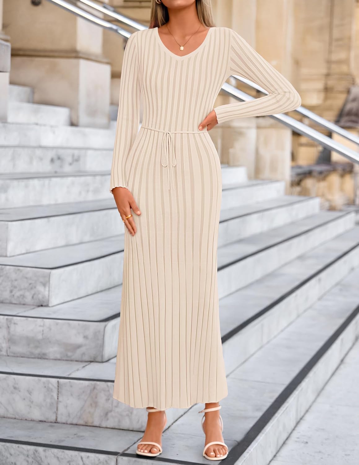 ZESICA Women's 2026 Spring Sweater Dress Long Sleeve V Neck Ribbed Knit Party Cocktail Bodycon Maxi Dresses - Image 3