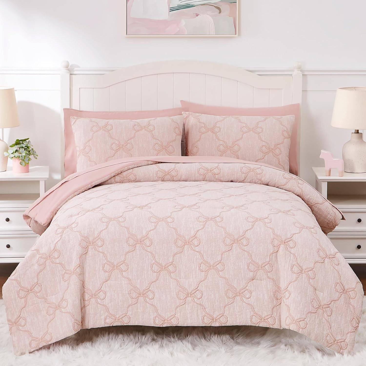 Wink Deer Queen Comforter Set with Sheets for Girls-7 Pieces Queen Bedding Sets with Pink Comforter, Sheets, Pillowcases & Shams for Kids (Pink Diamond, 90" X 90")