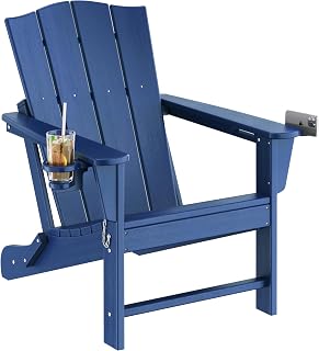 Yaheetech Folding Adirondack Chair Outdoor, HDPE Weather Resistant with Cup/Mobile Phone Holder for Deck, Patio, Pool, Backyard, 380lb Weight Capacity, Easy Assembly, Navy Blue