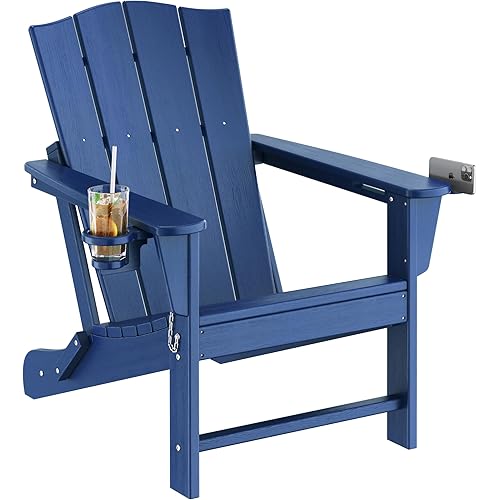Yaheetech Folding Adirondack Chair Outdoor, HDPE Weather Resistant with Cup/Mobile Phone Holder for Deck, Patio, Pool, Backyard, 380lb Weight Capacity, Easy Assembly, Navy Blue