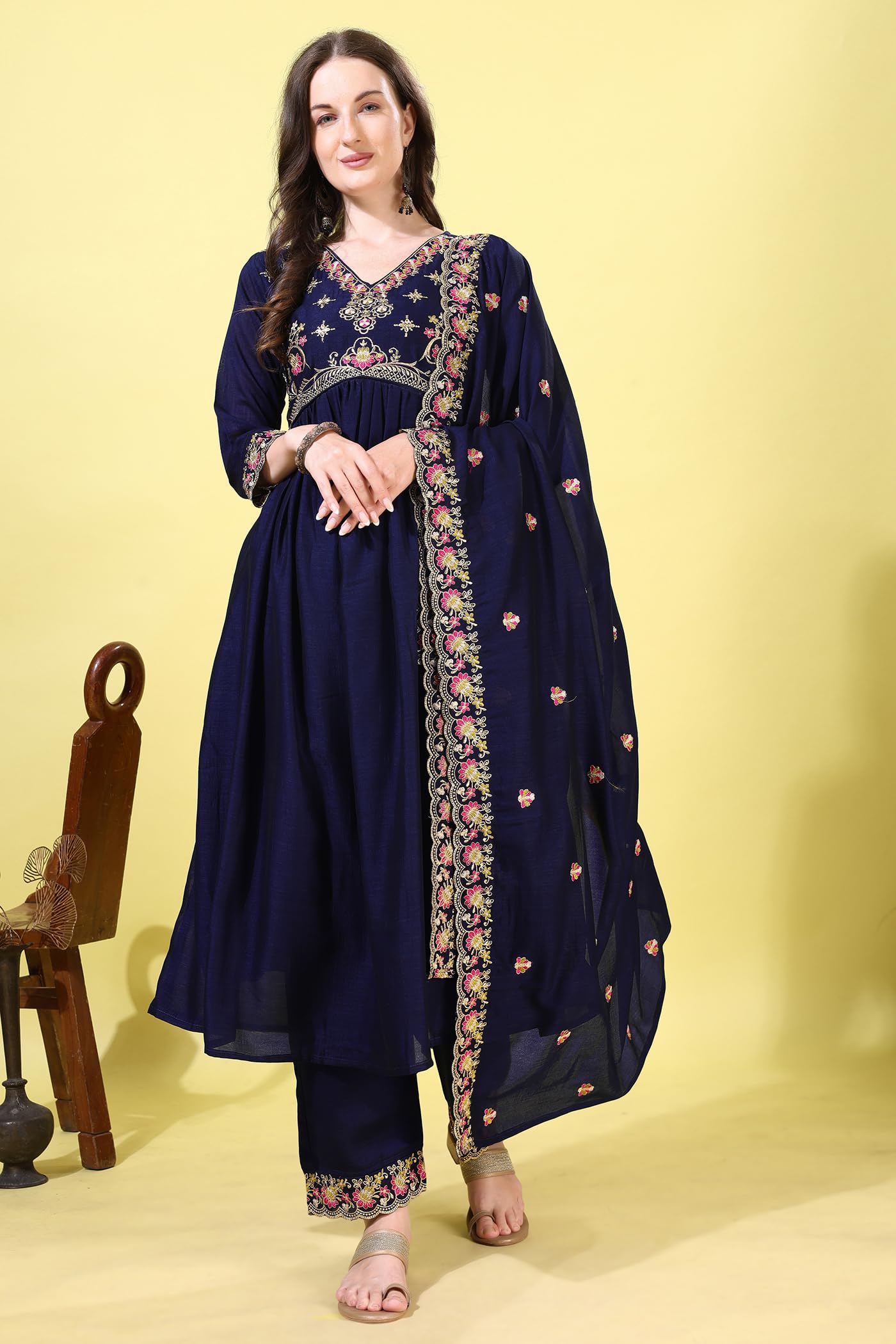 Pratham Blue Women's Silk Embroidered Regular Kurta Sets (Bkp-1008-Xxl_Blue