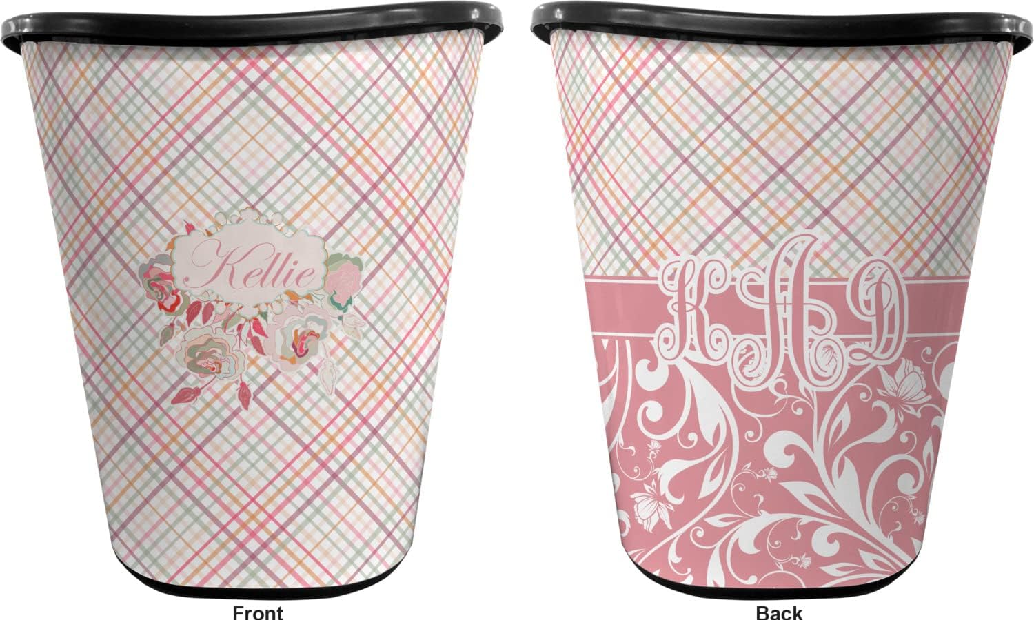YouCustomizeIt Personalized Modern Plaid & Floral Waste Basket - Double Sided (Black)