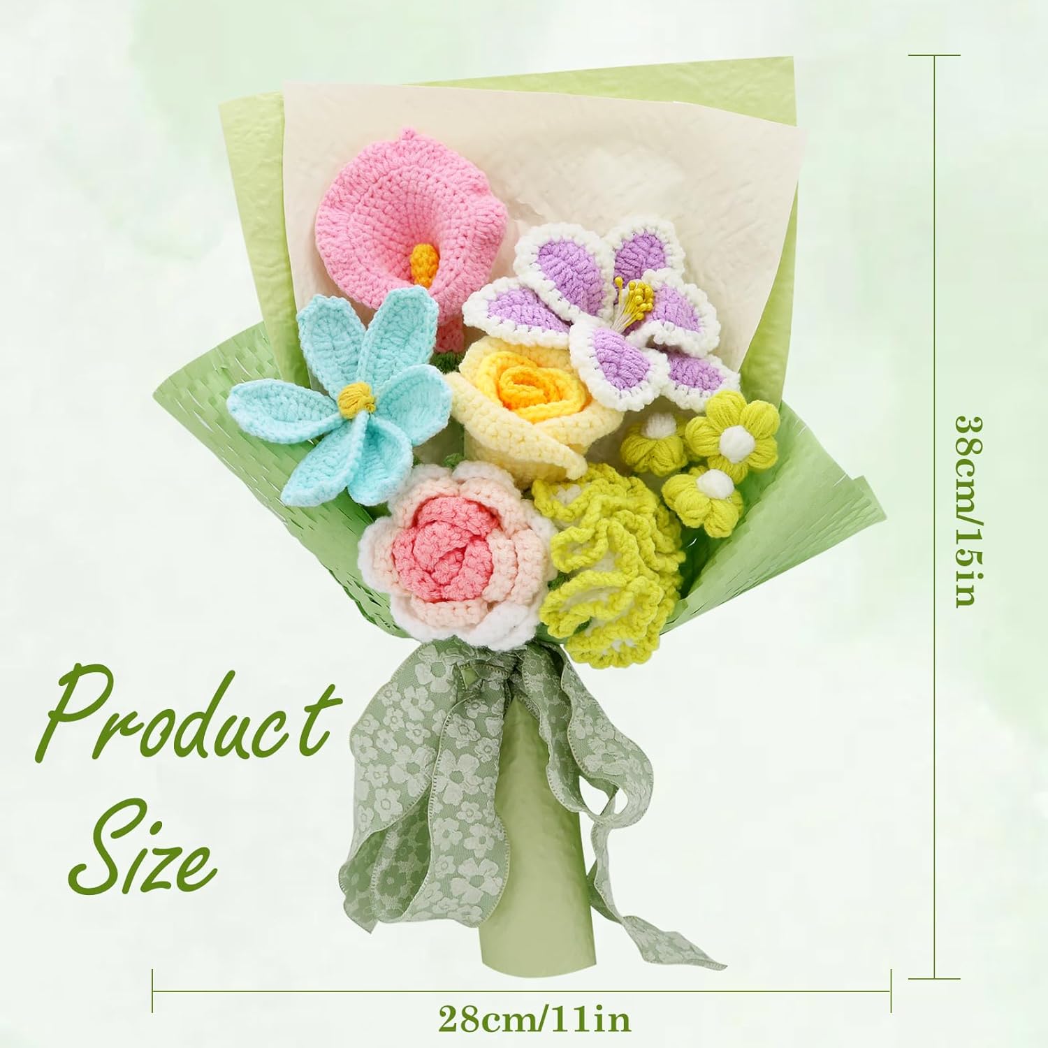 Crochet Flowers, Finished Bouquet, Cotton Thread, Handmade, Gift for Lover, Friend, Teacher, Wedding Anniversary, Mixed Flowers, Crochet Bouquet, Artificial Flower (Green) - Image 2