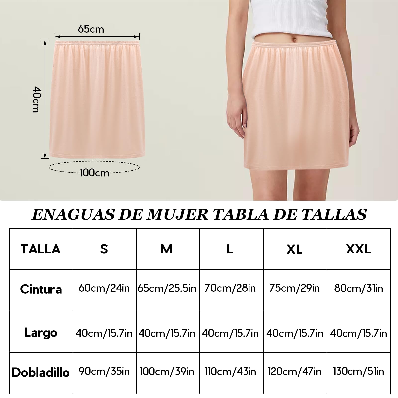 Falda Anti Walking Media Enagua Nude Algodón Enaguas Minifalda Stretch Transpirable Falda Slip para Debajo del Vestido Antiestático Enaguas para Vestidos Cintura 65cm/25.5in M