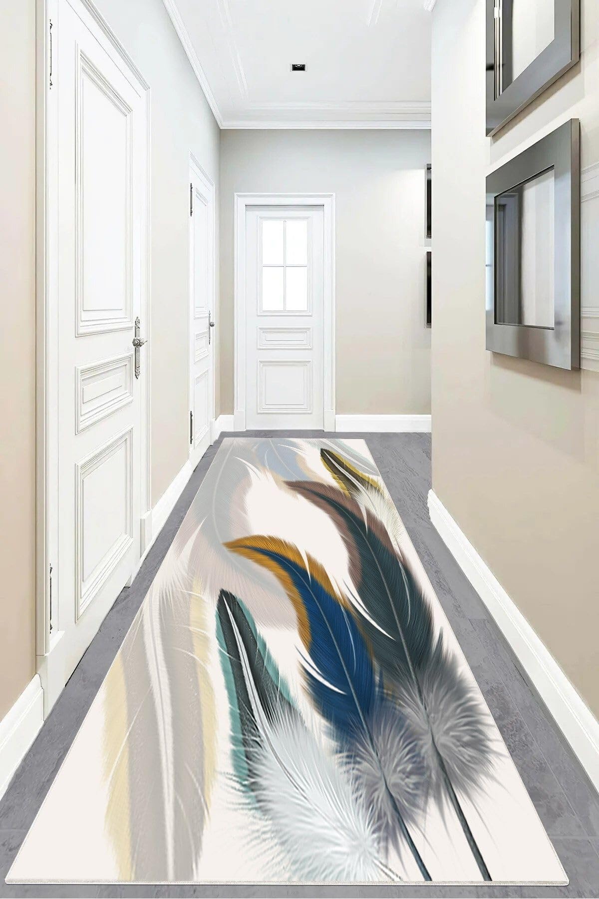 Pelangi Kuş Tüyü Desenli Renk Geçişli Dijital Baskı Yıkanabilir Modern Salon Halı ve Yolluk, Mavi-Beyaz-Gri 100 x 600, 95546511006007