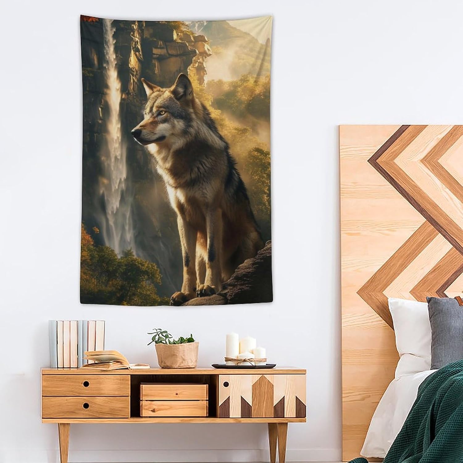 FeoYoed Tapestry Wall Hanging Aesthetic Decoration For Bedroom Living Room Wall Art Tapestries Wolf Mountain Waterfall Scenery 40"x60"