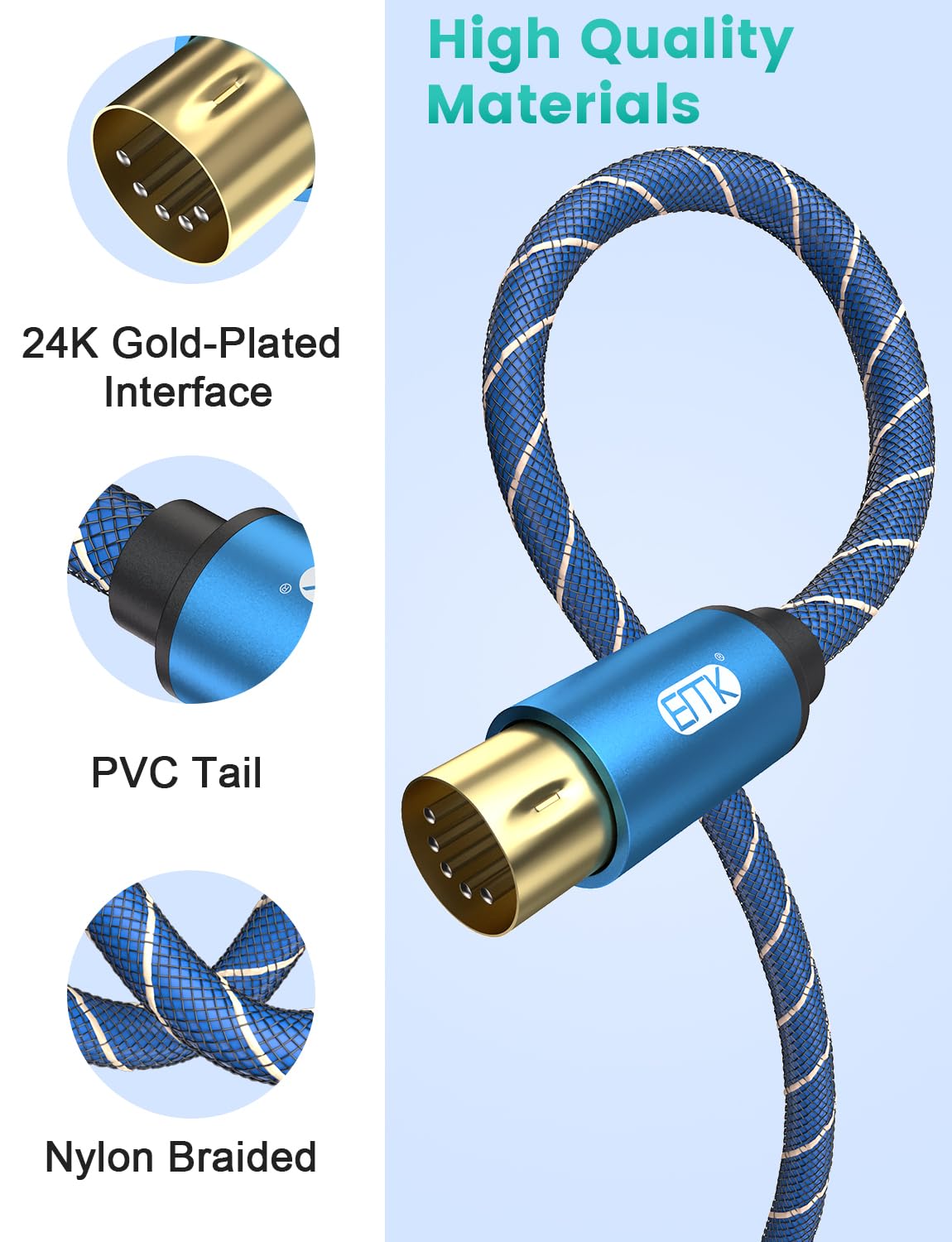 EMK Midi Câble, 5 broches Midi Cable d'instrument Clavier Mâle à Mâle 5 broches Din in-Out MI-DI Câble Audio pour Orgue électronique, Mélangeur, Piano, Tambours, Carte son (3 mètres)